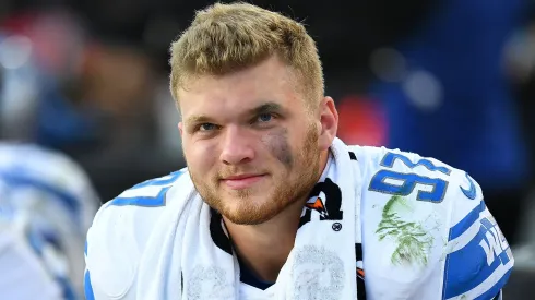 Aidan Hutchinson #97 of the Detroit Lions looks on during the fourth quarter against the Pittsburgh Steelers at Acrisure Stadium on August 28, 2022 in Pittsburgh, Pennsylvania.