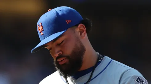 Sean Manaea #59 of the New York Mets leaves the mound in the sixth inning against the Los Angeles Dodgers during Game Two of the Championship Series at Dodger Stadium on October 14, 2024 in Los Angeles, California.