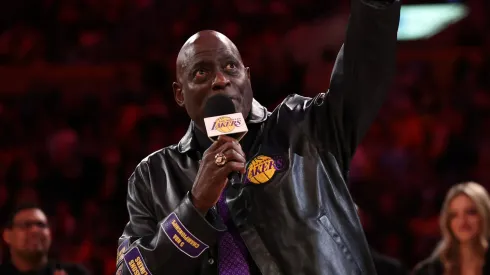Former Los Angeles Laker Michael Cooper speaks during his jersey retirement at halftime between the Lakers and the San Antonio Spurs at Crypto.com Arena on January 13, 2025 in Los Angeles, California.