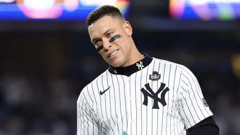 Aaron Judge #99 of the New York Yankees walks off the field after being left on base during the eighth inning of Game Five of the 2024 World Series against the Los Angeles Dodgers at Yankee Stadium on October 30, 2024 in the Bronx borough of New York City.