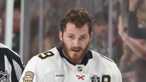 Matthew Tkachuk #19 of the Florida Panthers is escorted off the ice by linesman Kiel Murchison #79 after being given a misconduct penalty against the Vegas Golden Knights during the second period in Game Two of the 2023 NHL Stanley Cup Final at T-Mobile Arena on June 05, 2023 in Las Vegas, Nevada.