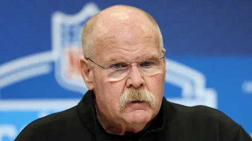 Head coach Andy Reid of the Kansas City Chiefs speaks to the media during the NFL Scouting Combine at the Indiana Convention Center on February 25, 2025 in Indianapolis, Indiana.