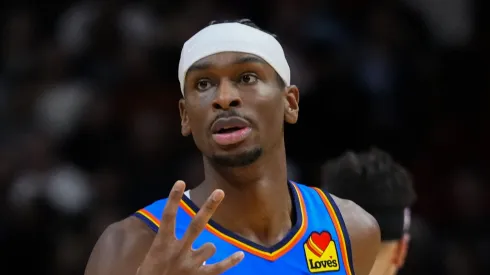 Shai Gilgeous-Alexander #2 of the Oklahoma City Thunder celebrates scoring a three-pointer