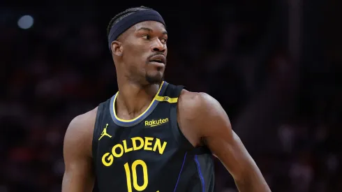 Jimmy Butler #10 of the Golden State Warriors looks on against the Houston Rockets during the second half at Toyota Center on February 13, 2025 in Houston, Texas.