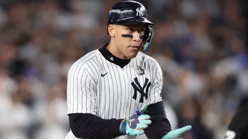 Aaron Judge #99 of the New York Yankees reacts after a double during the eighth inning of Game Five of the 2024 World Series against the Los Angeles Dodgers at Yankee Stadium on October 30, 2024 in the Bronx borough of New York City.