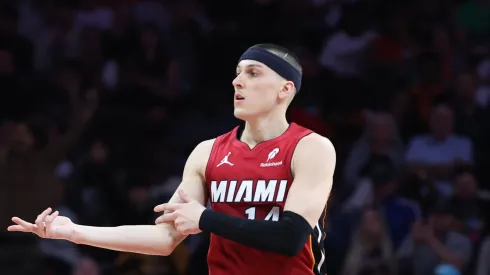 Tyler Herro #14 of the Miami Heat celebrates after making a basket against the Atlanta Hawks