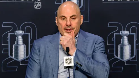 Head coach Rick Tocchet of the Vancouver Canucks looks on against the Chicago Blackhawks during the first period at the United Center.