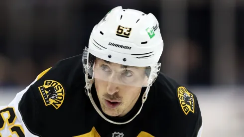 Brad Marchand #63 of the Boston Bruins looks on against the New York Rangers during the first period at Madison Square Garden on January 02, 2025 in New York City.