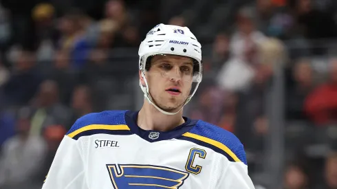 Brayden Schenn #10 of the St. Louis Blues looks on during the first period of a game against the Anaheim Ducks at Honda Center on April 07, 2024 in Anaheim, California.