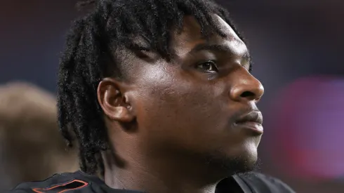 Cam Ward #1 of the Miami Hurricanes in action at Hard Rock Stadium on October 26, 2024 in Miami Gardens, Florida.