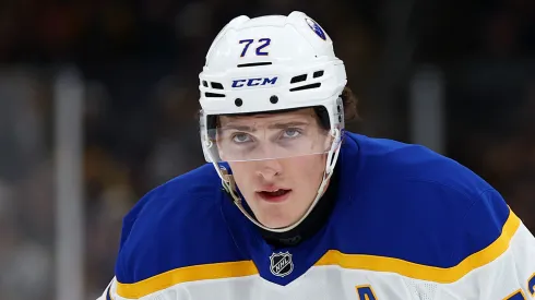 Tage Thompson #72 of the Buffalo Sabres looks on during the second period against the Boston Bruins at TD Garden on December 21, 2024 in Boston, Massachusetts.
