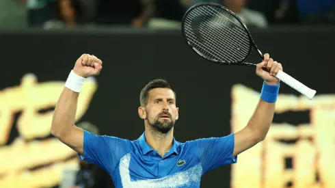 Novak Djokovic of Serbia celebrates winning match point against Tomas Machac of the Czech Republic in the 2025 Australian Open.