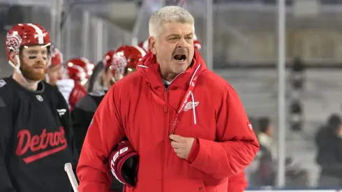 Head coach Todd McLellan of the Detroit Red Wings reacts during practice at Ohio Stadium on February 28, 2025 in Columbus, Ohio.