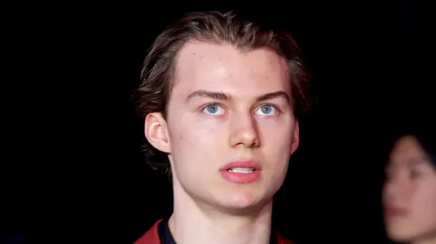 Connor Bedard of the Chicago Blackhawks looks on during the first round of the 2024 Upper Deck NHL Draft at Sphere on June 28, 2024 in Las Vegas, Nevada.