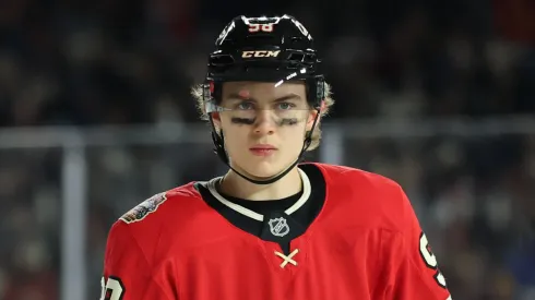 Connor Bedard #98 of the Chicago Blackhawks looks on during the second period against the St. Louis Blues in the 2024 NHL Winter Classic at Wrigley Field on December 31, 2024 in Chicago, Illinois.
