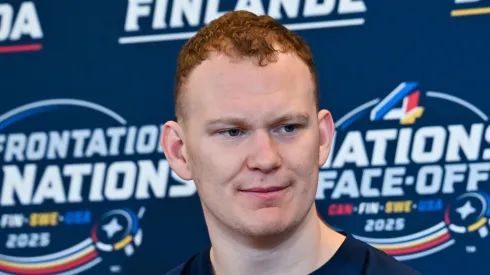 Brady Tkachuk #7 of the United States takes questions during media day ahead of the 2025 NHL 4 Nations Face-Off at the Bell Centre on February 11, 2025 in Montreal, Quebec, Canada.