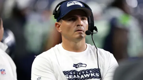 Head Coach Mike Macdonald of the Seattle Seahawks looks on during an NFL preseason game against the Cleveland Browns at Lumen Field on August 24, 2024.