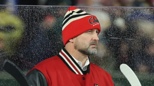 Head coach Anders Sorensen of the Chicago Blackhawks looks on during the first period against the St. Louis Blues during the 2024 NHL Winter Classic at Wrigley Field on December 31, 2024 in Chicago, Illinois.