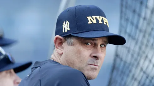 Manager Aaron Boone #17 of the New York Yankees looks on during batting practice before a game against the Kansas City Royals at Yankee Stadium on September 11, 2024 in New York City. (Photo by Jim McIsaac/Getty Images)