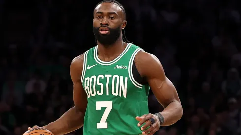 Jaylen Brown #7 of the Boston Celtics dribbles against the New York Knicks during the second half at TD Garden on February 23, 2025 in Boston, Massachusetts. The Celtics defeat the Knicks 118-105.