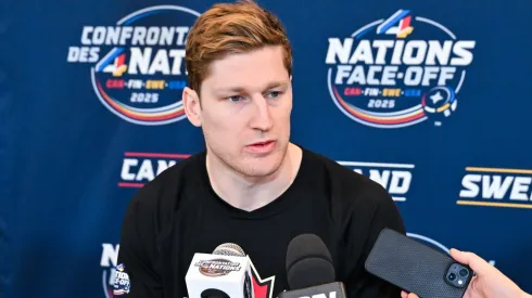 Nathan MacKinnon #29 of Canada takes questions during media day ahead of the 2025 NHL 4 Nations Face-Off at the Bell Centre on February 11, 2025 in Montreal, Quebec, Canada.