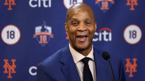 Darryl Strawberry, New York Mets legend, speaks to the media before a ceremony to retire his jersey number #18 before a game against the Arizona Diamondbacks at Citi Field on June 1, 2024 in New York City.