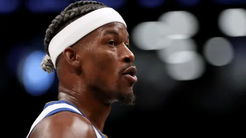 Jimmy Butler III #10 of the Golden State Warriors looks on during a free throw against the Brooklyn Nets at Barclays Center.