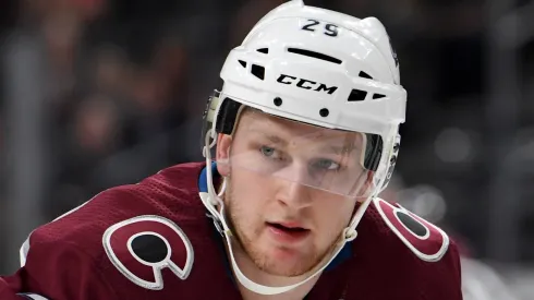Nathan MacKinnon #29 of the Colorado Avalanche stands on the ice during a preseason game against the Vegas Golden Knights at T-Mobile Arena on September 28, 2017 in Las Vegas, Nevada. Colorado won 4-2.