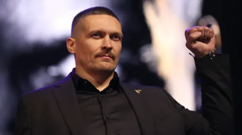 Oleksandr Usyk reacts during the Tyson Fury v Oleksandr Usyk Press Conference at Outernet London on November 16, 2023 in London, England.