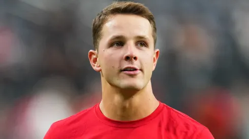 Quarterback Brock Purdy #13 of the San Francisco 49ers looks on before a preseason game against the Las Vegas Raiders at Allegiant Stadium on August 23, 2024 in Las Vegas, Nevada.