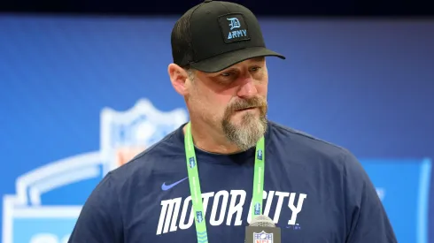 Head coach Dan Campbell of the Detroit Lions speaks to the media during the NFL Scouting Combine at the Indiana Convention Center on February 25, 2025 in Indianapolis, Indiana.