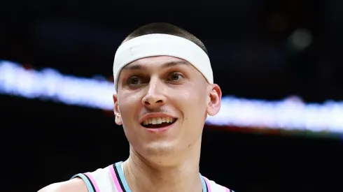 Tyler Herro #14 of the Miami Heat reacts against the Indiana Pacers during the first half at Kaseya Center