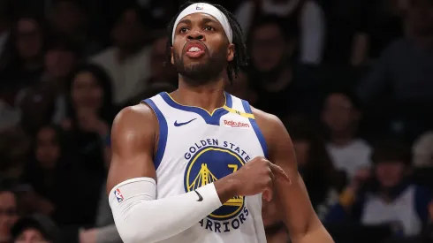 Buddy Hield #7 of the Golden State Warriors reacts after a shot in the first half against the Brooklyn Nets at Barclays Center on March 06, 2025 in the Brooklyn borough of New York City.