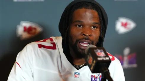 Dre Greenlaw #57 speaks to media during San Francisco 49ers media availability ahead of Super Bowl LVIII at Hilton Lake Las Vegas Resort and Spa on February 08, 2024 in Henderson, Nevada.