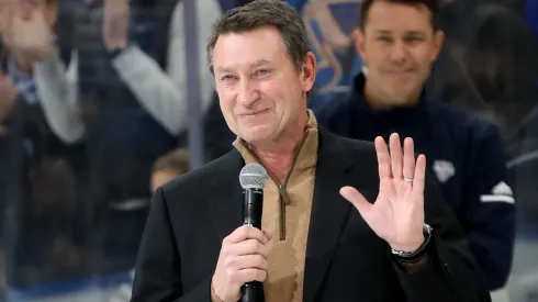 Wayne Gretzky addresses fans prior to the 2020 NHL All-Star Skills Competition at Enterprise Center on January 24, 2020 in St Louis, Missouri.