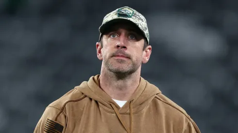 Aaron Rodgers #8 of the New York Jets looks on before the game against the Los Angeles Chargers at MetLife Stadium on November 06, 2023 in East Rutherford, New Jersey.