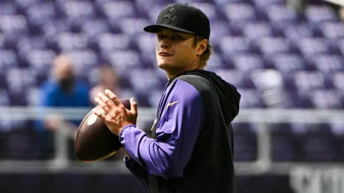 J.J. McCarthy #9 of the Minnesota Vikings warms up before the preseason game against the Las Vegas Raiders at U.S. Bank Stadium on August 10, 2024 in Minneapolis, Minnesota.
