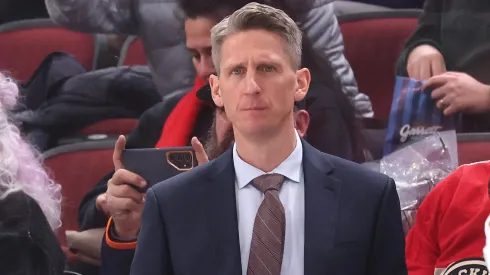 Head coach Kris Knoblauch of the Edmonton Oilers looks on against the Chicago Blackhawks during the second period at the United Center on January 11, 2025 in Chicago, Illinois.