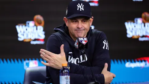 Manager Aaron Boone #17 of the New York Yankees talks to the media after the Los Angeles Dodgers defeated the New York Yankees 7-6 in game 5 to win the 2024 World Series at Yankee Stadium on October 30, 2024 in the Bronx borough of New York City.