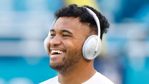 Tua Tagovailoa #1 of the Miami Dolphins looks on prior to the game against the Houston Texans at Hard Rock Stadium on November 07, 2021 in Miami Gardens, Florida.