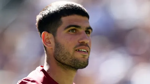 Carlos Alcaraz of Spain on court as he plays against Quentin Halys of France in their second round match during the BNP Paribas Open at Indian Wells.