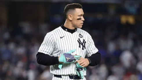Aaron Judge #99 of the New York Yankees walks off the field after being left on base during the eighth inning of Game Five of the 2024 World Series against the Los Angeles Dodgers at Yankee Stadium on October 30, 2024 in the Bronx borough of New York City.