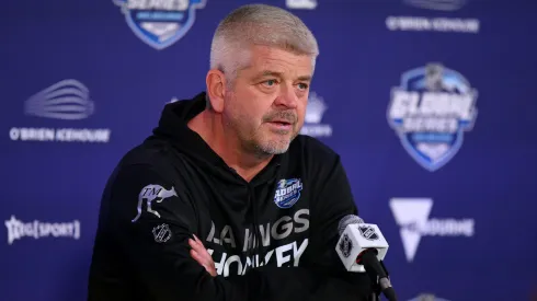 Head Coach, Todd McLellan speaks to media during an NHL Global Series Practice Session at Rod Laver Arena on September 22, 2023 in Melbourne, Australia.