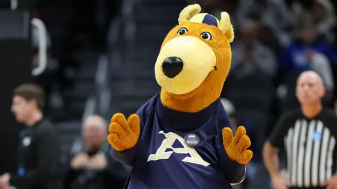 Zippy, the Akron Zips mascot, dances during the first half of a game against the Arizona Wildcats in the first round of the NCAA Men's Basketball Tournament in 2025.