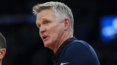 Head coach of the Golden State Warriors Steve Kerr talks to the referee during the first quarter against the Boston Celtics at TD Garden.
