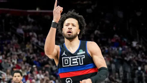 Cade Cunningham #2 of the Detroit Pistons reacts against the Oklahoma City Thunder during the first quarter at Little Caesars Arena on March 15, 2025 in Detroit, Michigan.