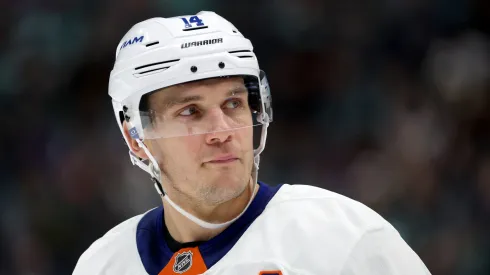 Bo Horvat #14 of the New York Islanders looks on during the third period Kraken at Climate Pledge Arena on November 16, 2024 in Seattle, Washington.