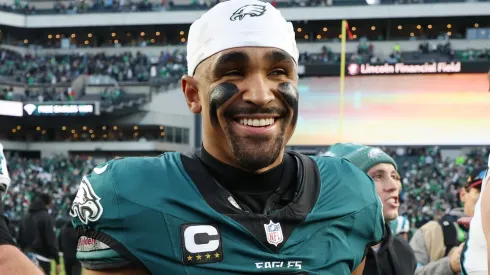 Jalen Hurts #1 of the Philadelphia Eagles smiles after a game against the Carolina Panthers at Lincoln Financial Field on December 08, 2024 in Philadelphia, Pennsylvania.