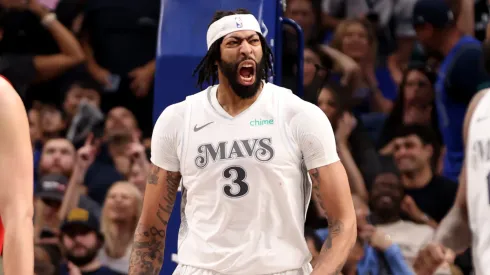 Anthony Davis #3 of the Dallas Mavericks reacts after making a basket against the Houston Rockets during the second quarter at American Airlines Center on February 08, 2025 in Dallas, Texas.