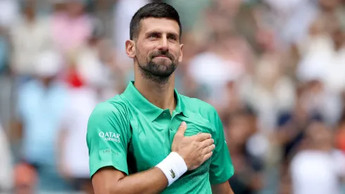 Novak Djokovic of Serbia celebrates his win against Grigor Dimitrov of Bulgaria during the semifinals of the Miami Open.